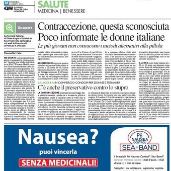 Articolo di un quotidiano italiano sulla salute e la contraccezione, con un banner pubblicitario blu sulla nausea in fondo alla pagina.