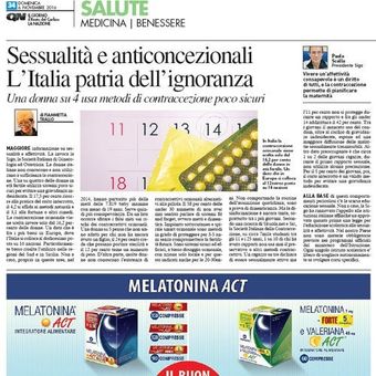 Articolo di un quotidiano italiano sulla salute, la contraccezione e la sessualità, con grafica delle pillole e del calendario, e in basso pubblicità della melatonina.