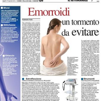 Pagina di giornale in italiano su “Emorroidi”, con foto di una persona di schiena e riquadri informativi medici