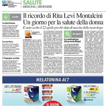 Pagina dedicata alla salute su un quotidiano italiano, con un articolo su Rita Levi Montalcini e la pubblicità di Melatonin ACT in fondo alla pagina.
