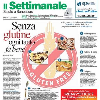 Pagina di un quotidiano italiano dedicata al cibo senza glutine, con un grande titolo 