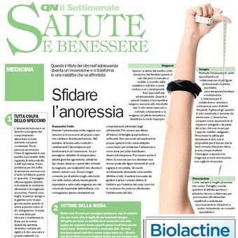 Pagina di una rivista italiana su salute e benessere, intitolata “Sfida l'anoressia”, con un braccio alzato che regge un metro a nastro.