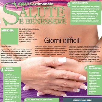 Copertina di una rivista sulla salute e il benessere con una mano che tiene un fazzoletto e il titolo “Giorni difficili”