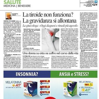 Sezione salute di un quotidiano italiano dedicata alle malattie della tiroide, con l'immagine di un medico e, in basso, annunci pubblicitari verdi per insonnia e ansia.