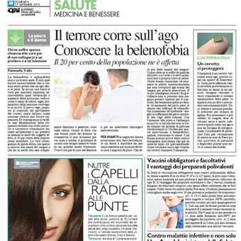 Pagina della sezione salute di un quotidiano con articoli e immagini in italiano su fobie, capelli e vaccini.