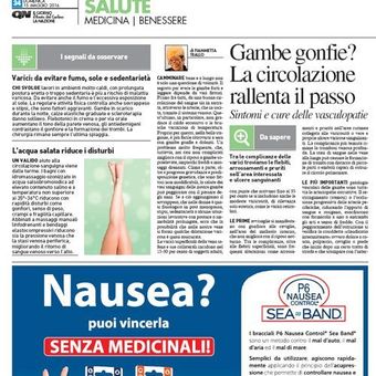 Pagina di un quotidiano italiano dedicato alla salute, con la circolazione sanguigna nelle gambe e la scritta blu 