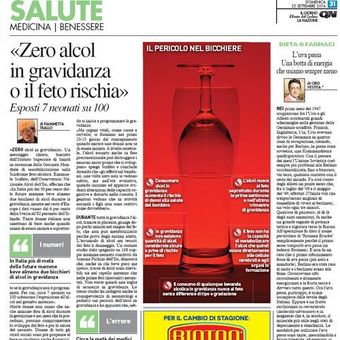 Pagina di un quotidiano dedicata alla salute e ai rischi legati all'alcol, con grafica di una bottiglia rossa