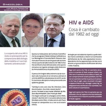 Copertina di una rivista sull'HIV e l'AIDS, con tre ritratti e testo in italiano su uno sfondo viola e bianco.