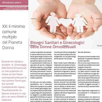 Pink Italian poster with two paper cutout figures holding a heart, titled “Bisogni Sanitari e Ginecologici delle Donne Omosessuali”
