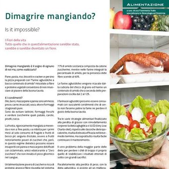 Articolo italiano sull'alimentazione e le diete, con testo e foto di mele, salmone e un'insalatiera.