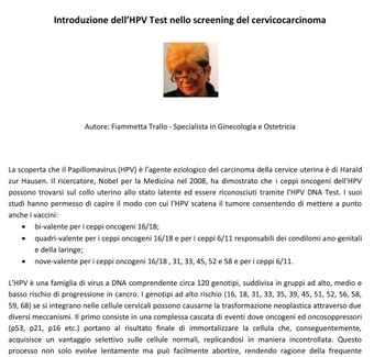 Slide in italiano intitolata “Introduzione del test HPV nello screening del cervicocarcinoma” con un piccolo ritratto e punti elenco.