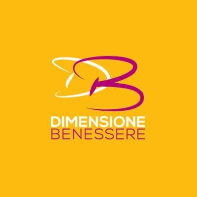Logo “Dimensione Benessere” in bianco e magenta su sfondo giallo.