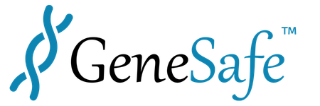 Logo GeneSafe con icona a doppia elica del DNA blu e testo in nero e blu