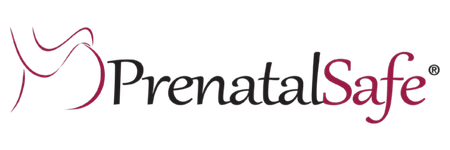 Logo PrenatalSafe con testo color bordeaux e sagoma stilizzata di madre e bambino.