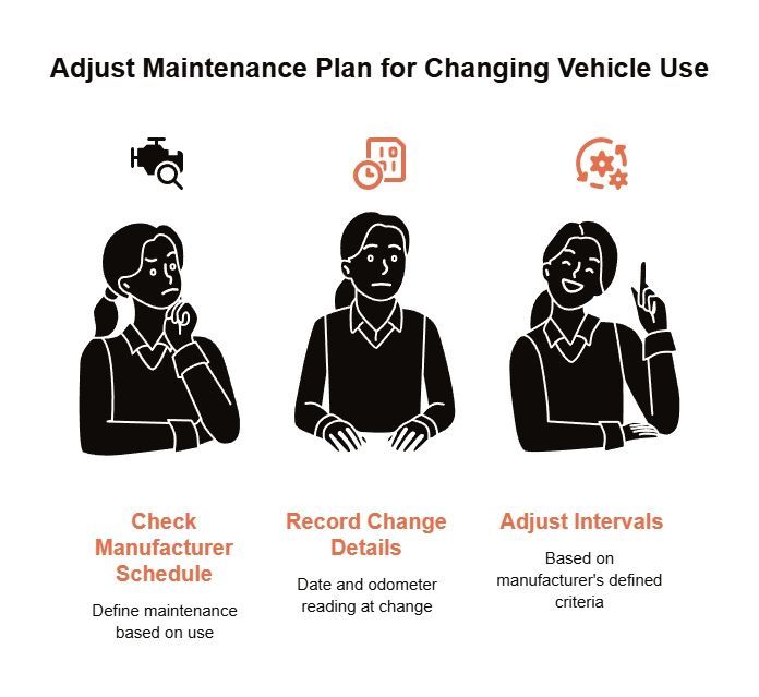 Maintenance planning guide showing how changing vehicle use affects manufacturer schedules, recorded mileage and dates, and service interval adjustments.