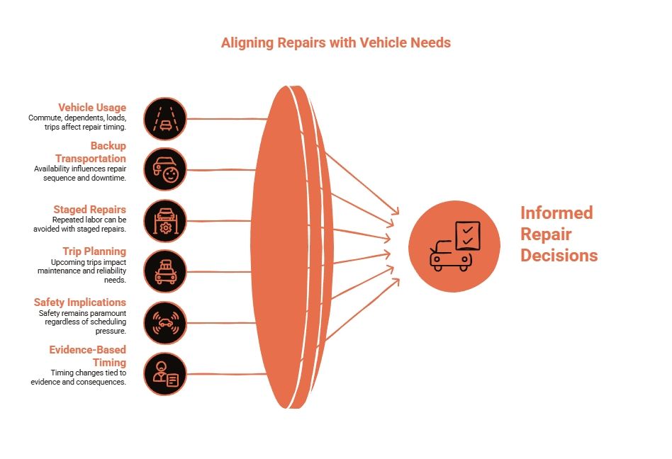 Vehicle repair planning guide showing how usage, backup transportation, staged work, trip plans, safety, and evidence-based timing support informed decisions.