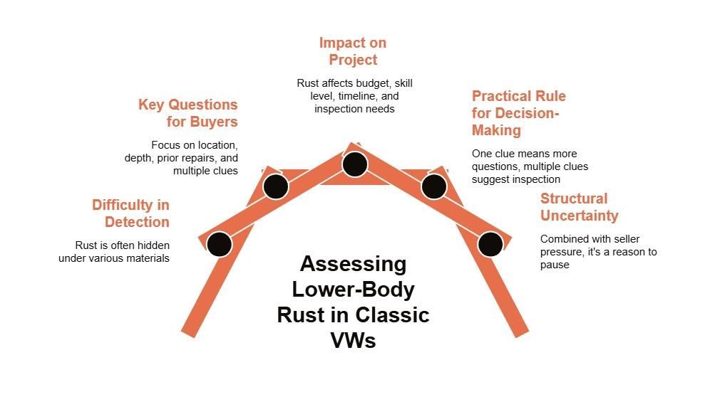 Lower-body rust assessment guide for classic VW buyers, covering detection difficulty, key questions, project impact, decision rules, and structural uncertainty.