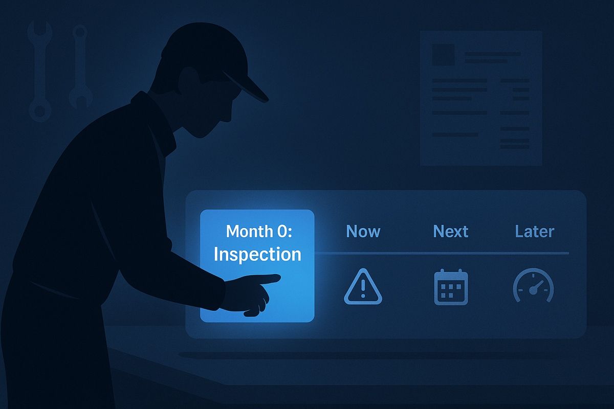 Stylized illustration of a technician highlighting a glowing post-warranty inspection tile on a 12-month timeline with calendar and odometer reminders.