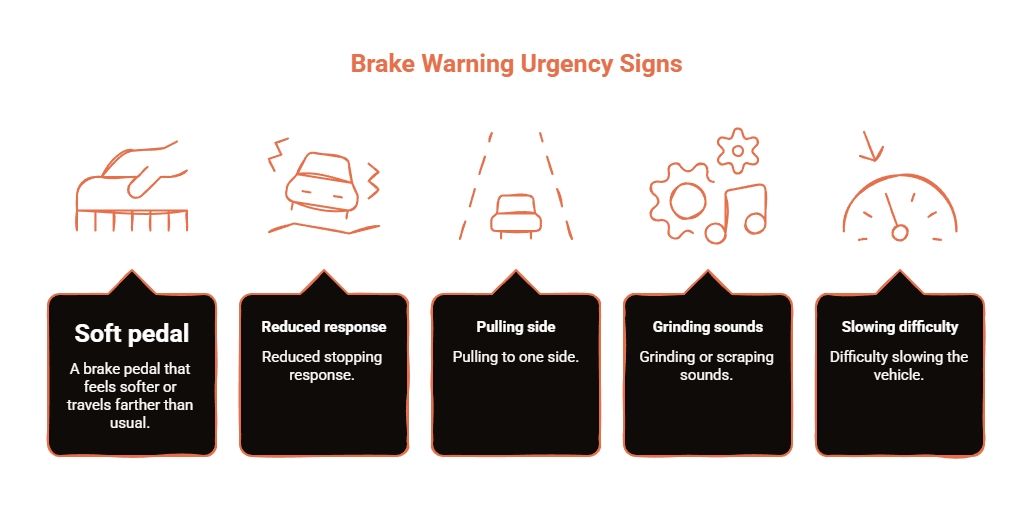 Brake warning urgency guide showing soft pedal, reduced response, pulling to one side, grinding sounds, and difficulty slowing as key safety signs.