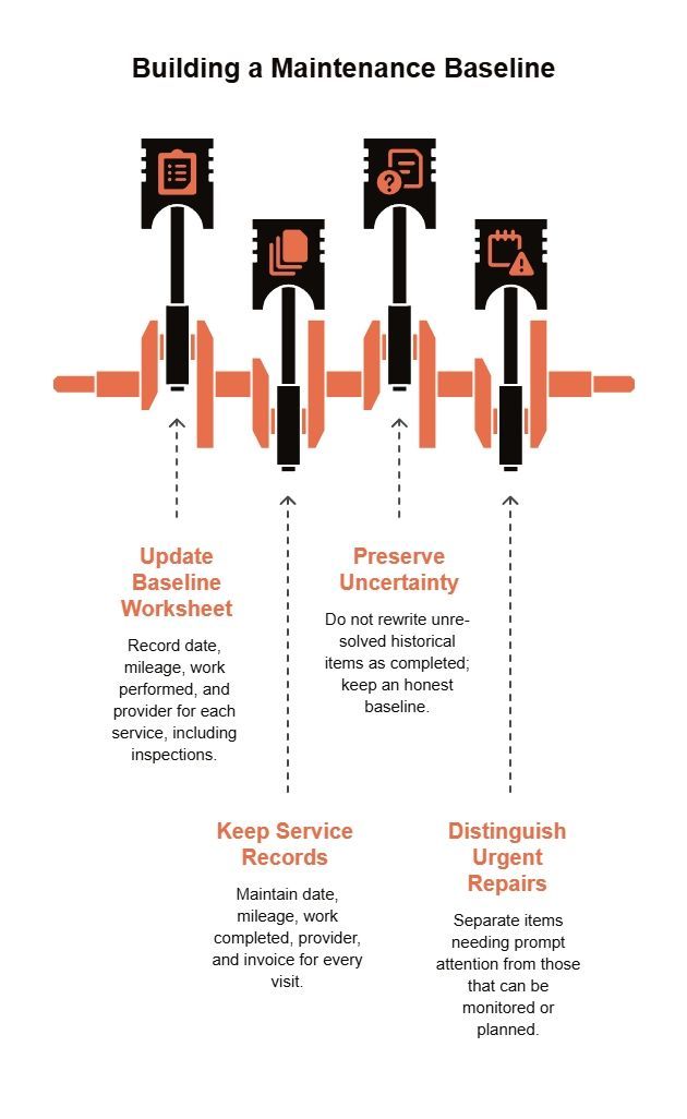 Maintenance baseline guide showing how to update worksheets, keep service records, preserve uncertainty, and separate urgent repairs from planned or monitored work.