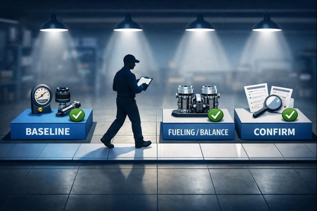 Illustration of a mechanic moving through a four-step diagnostic walkway: Baseline, Ignition, Fueling/Balance, Confirm.