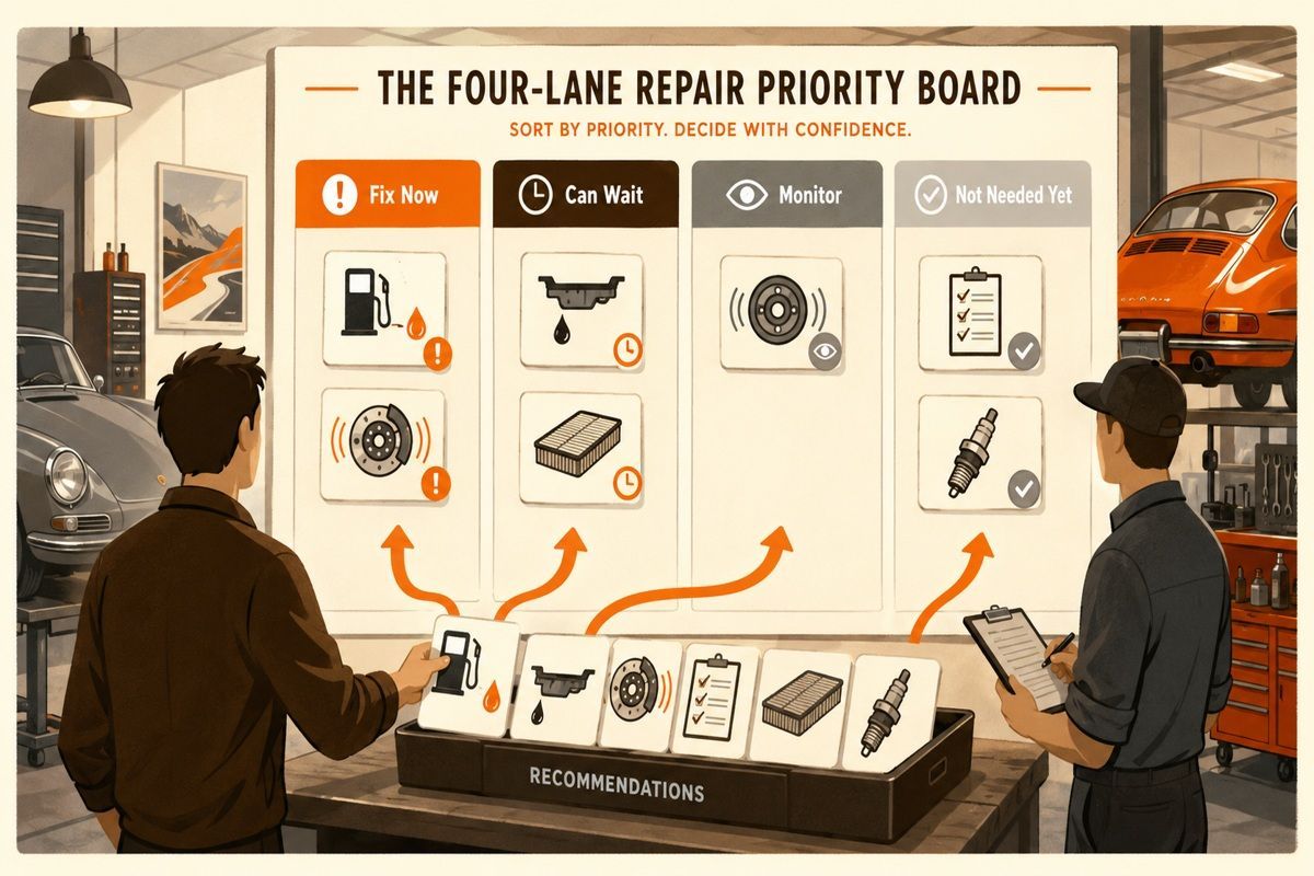 Classic auto shop priority board sorting repair recommendations by urgency and evidence.