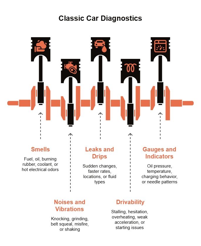 Classic car diagnostics infographic showing engine pistons linked to smells, noises, leaks, drivability issues, and gauge readings for repair clues.