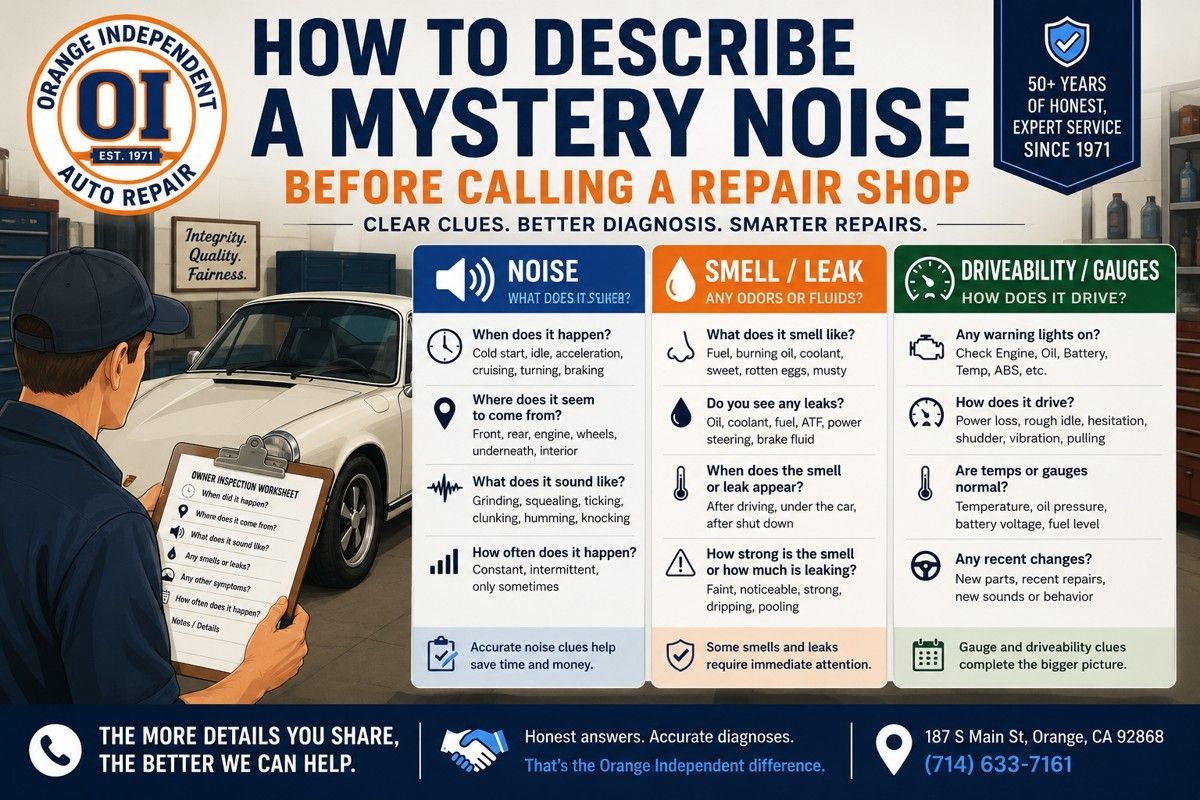 Classic car owner reviews noise, smell, leak, and gauge clues before calling repair shop.