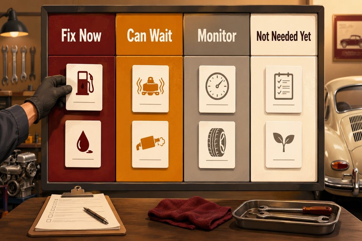 Mechanic sorts classic car repair items into four clear priority categories on a shop board.