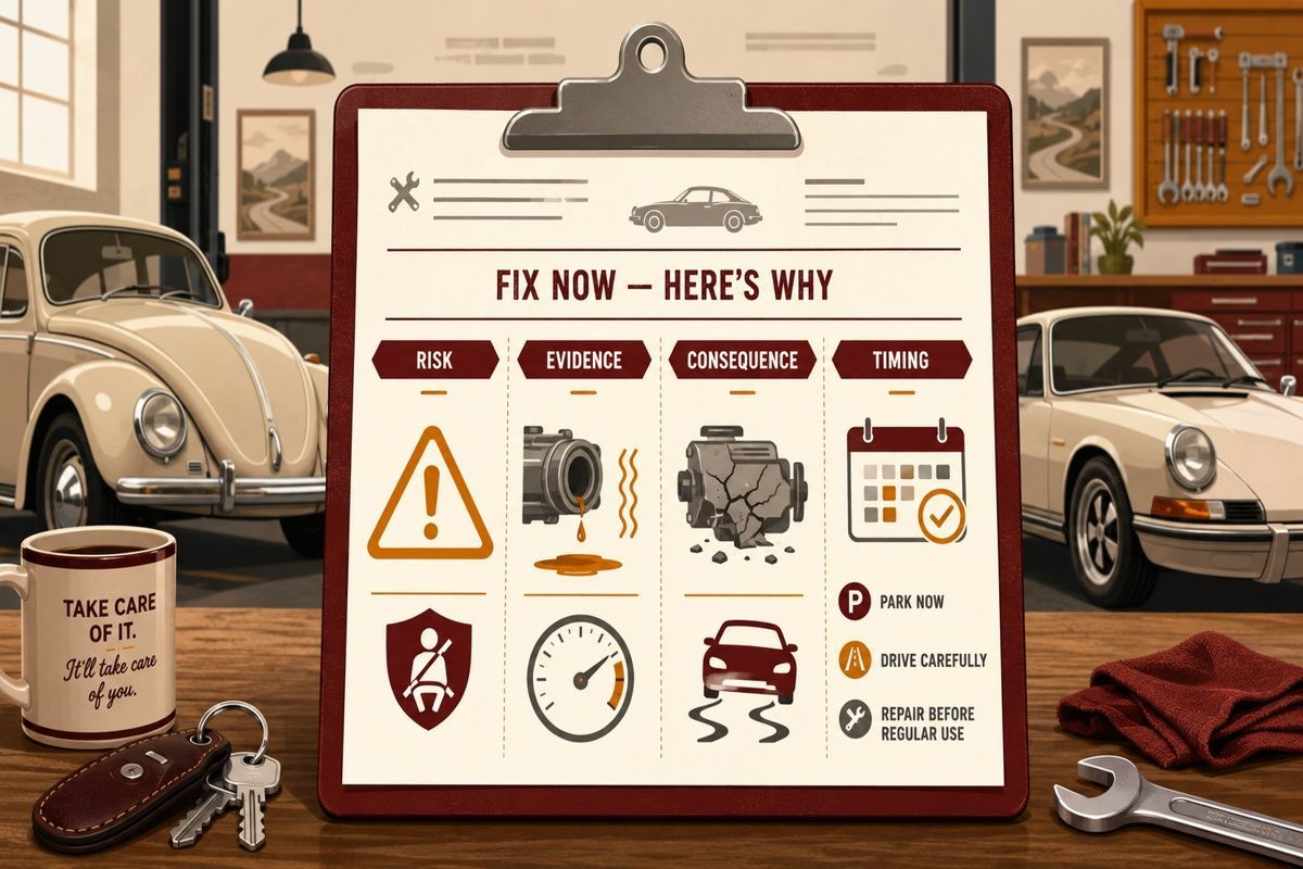 Repair priority board explains risk, evidence, consequence, and timing for classic car service.