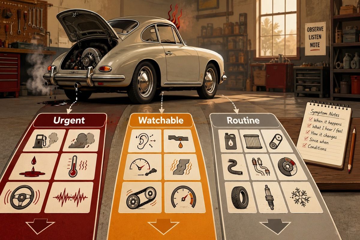 Classic car symptoms sorted into urgent, watchable, and routine repair lanes in a garage.