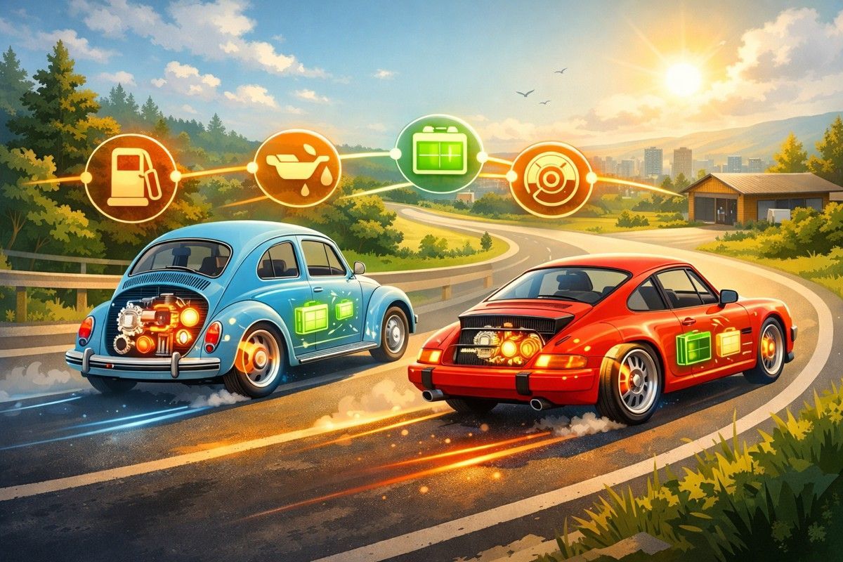 Stylized illustration of classic VW and Porsche showing engine, fuel, battery, and brakes active.