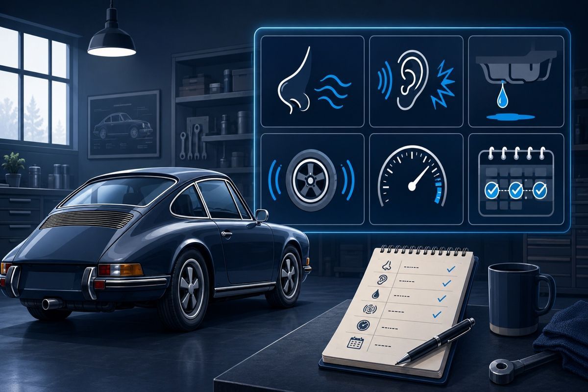 Classic car in garage with symptom dashboard for smells, leaks, noises, gauges, and notes.
