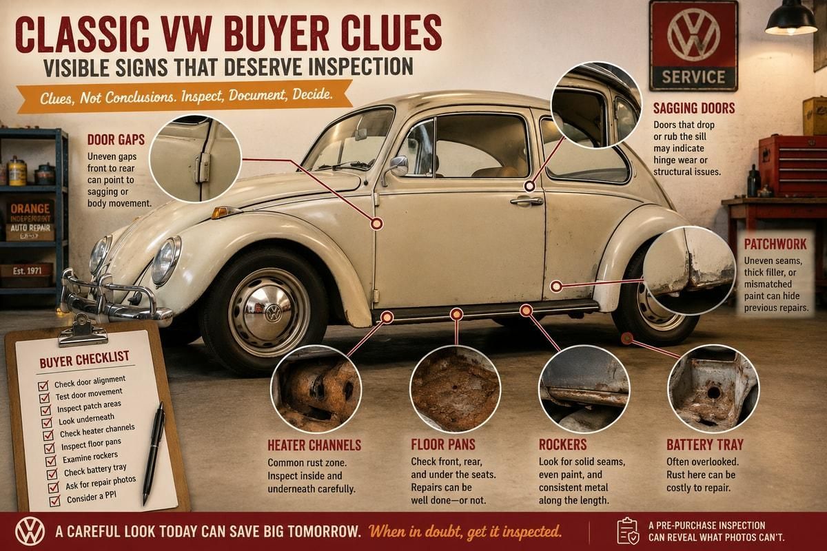 Classic VW Beetle inspection map highlighting door gaps, patchwork, rust zones, and buyer clues.