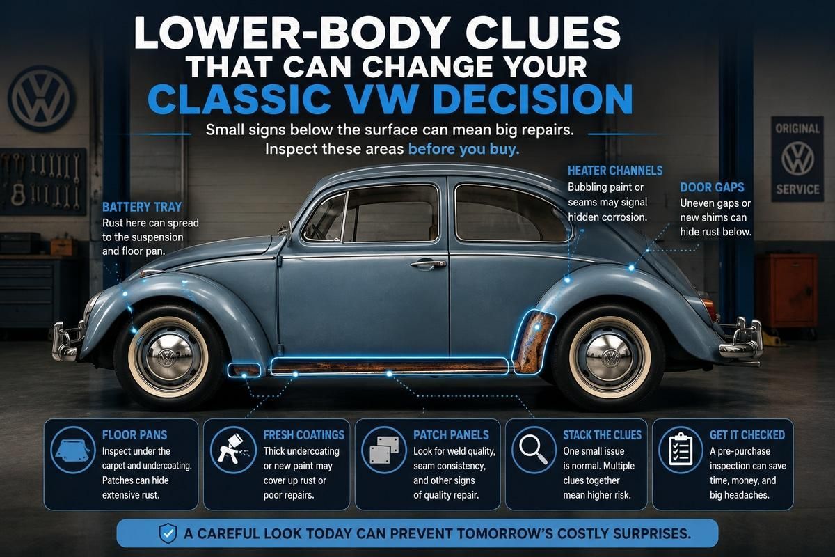 Classic VW rust inspection map highlighting lower-body trouble spots before purchase.