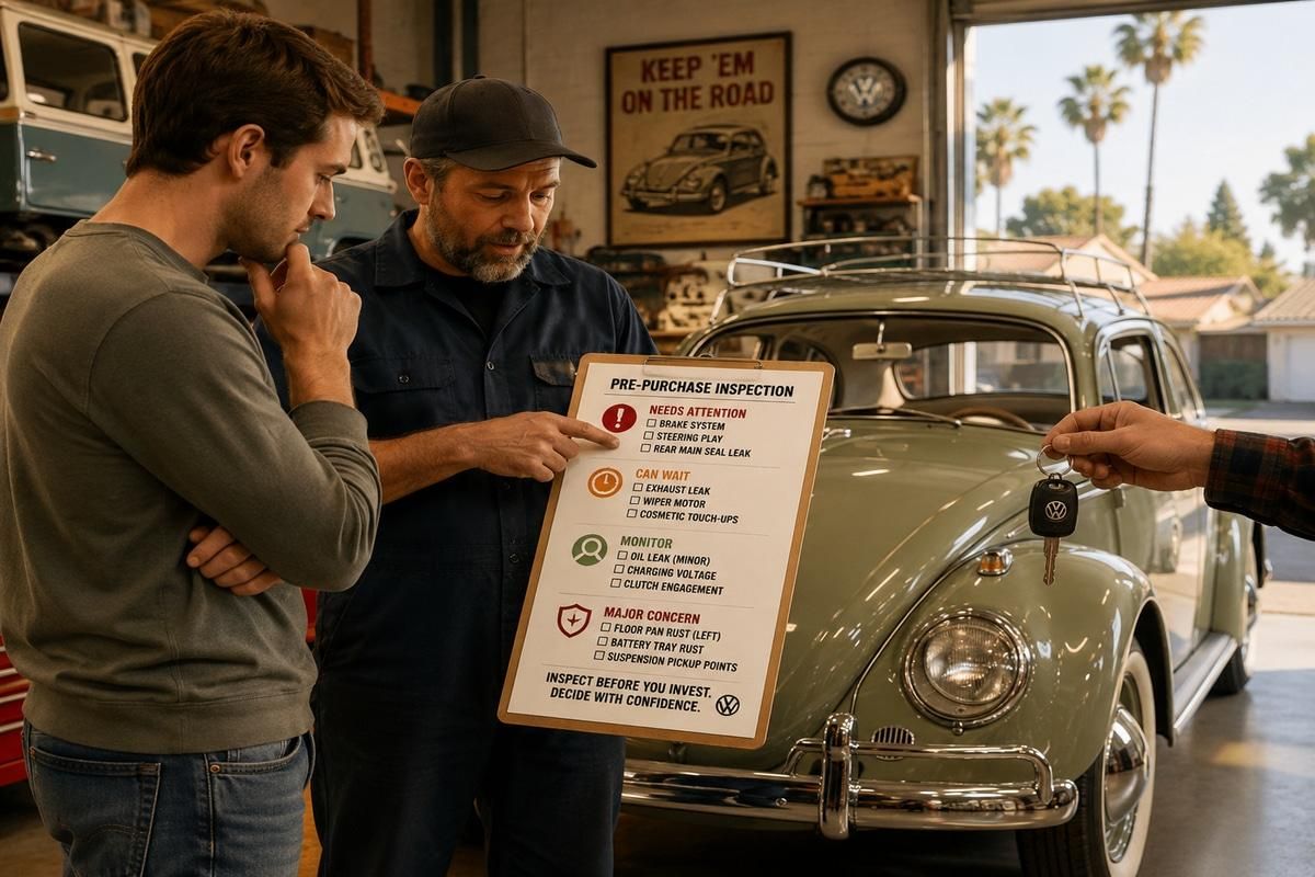 Mechanic reviews a classic VW inspection checklist before the buyer accepts the keys.