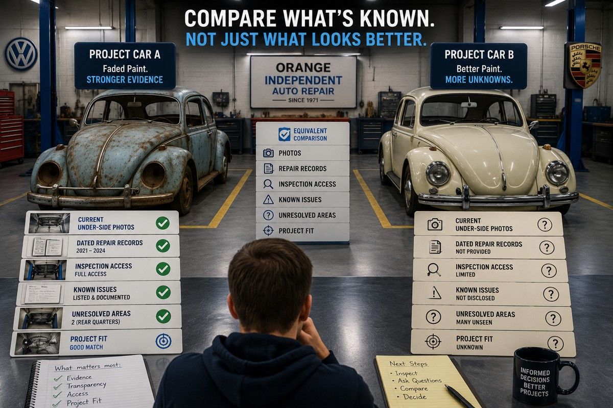 Buyer compares evidence for two classic VW project cars in an auto repair inspection bay.