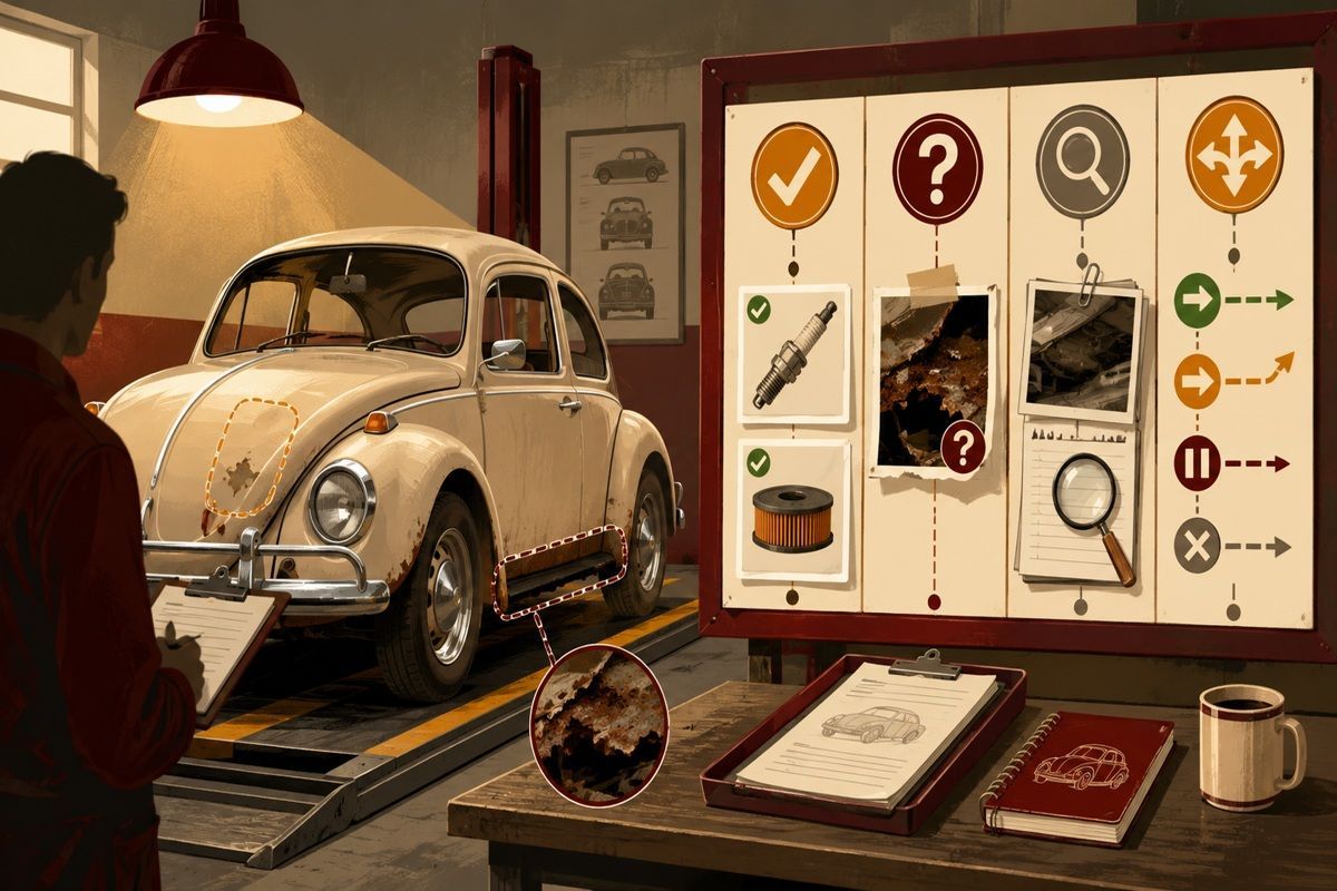 Classic VW in a repair bay beside an inspection board highlighting known items and rust concerns.