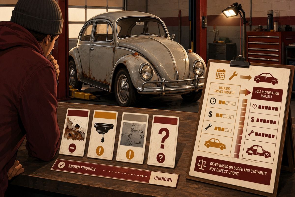 Classic VW in a repair garage as a buyer reviews inspection findings and restoration scope.