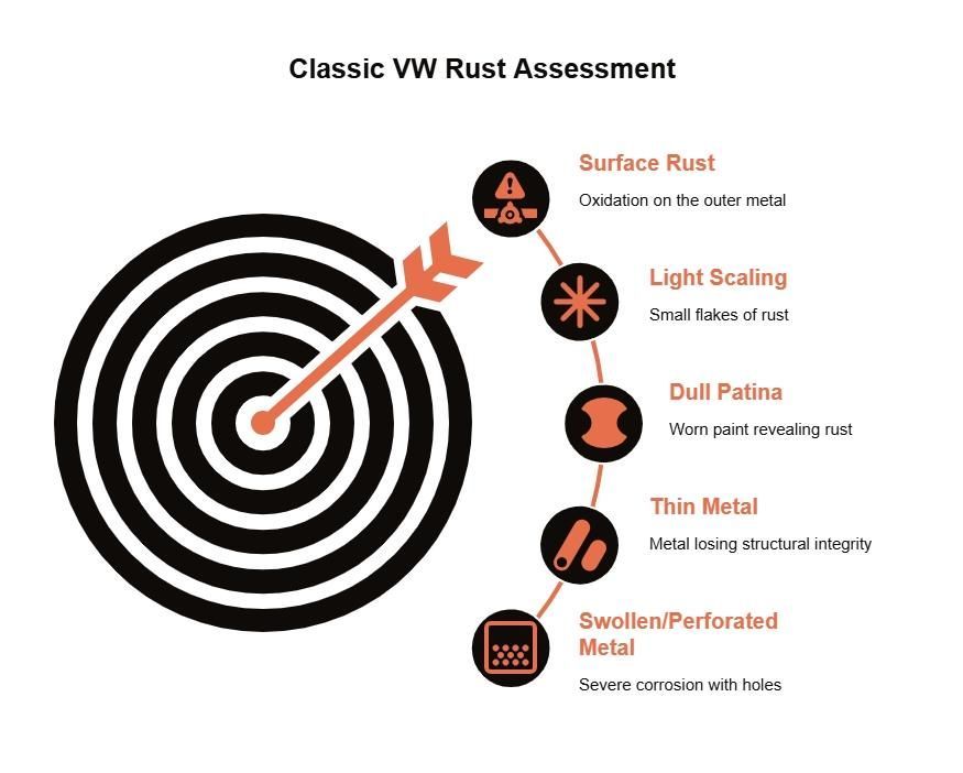 Classic VW rust assessment target showing surface rust, light scaling, dull patina, thin metal, and swollen or perforated metal severity levels.