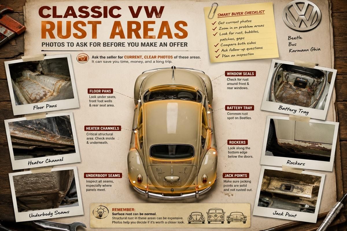 Classic VW rust inspection map with highlighted body areas and photo callouts.