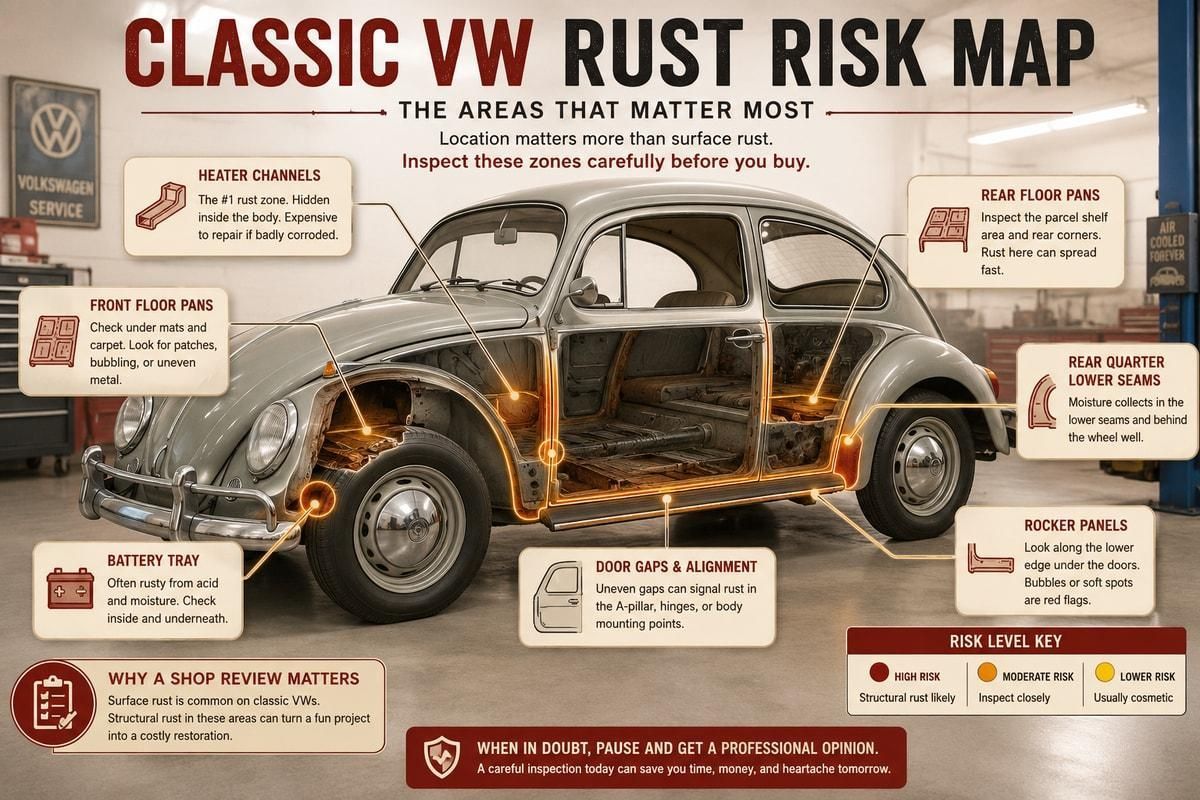 Classic VW cutaway highlighting rust-risk zones in a repair shop.