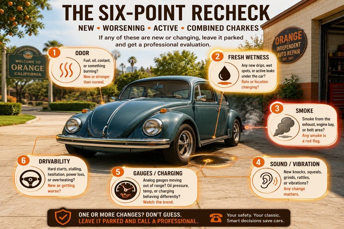 Classic VW Beetle surrounded by six checks for odor, leaks, smoke, sound, gauges, and drivability.