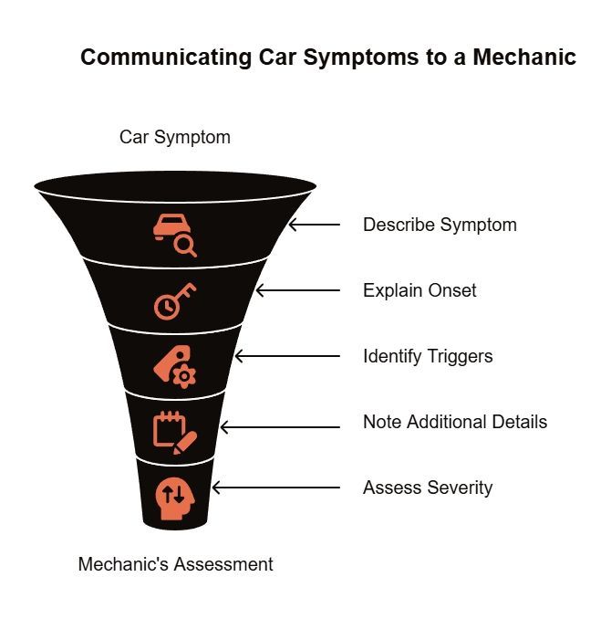 Funnel infographic showing how car symptoms are communicated to a mechanic through symptom description, onset, triggers, added details, and severity.