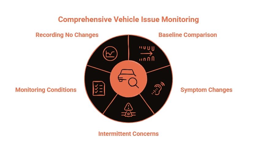 Vehicle issue monitoring wheel covering baseline comparison, symptom changes, intermittent concerns, monitoring conditions, and recording periods with no changes.