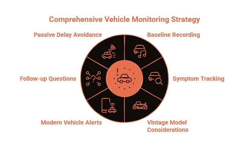 Vehicle monitoring strategy wheel showing baseline recording, symptom tracking, vintage considerations, modern alerts, follow-up questions, and delay avoidance.