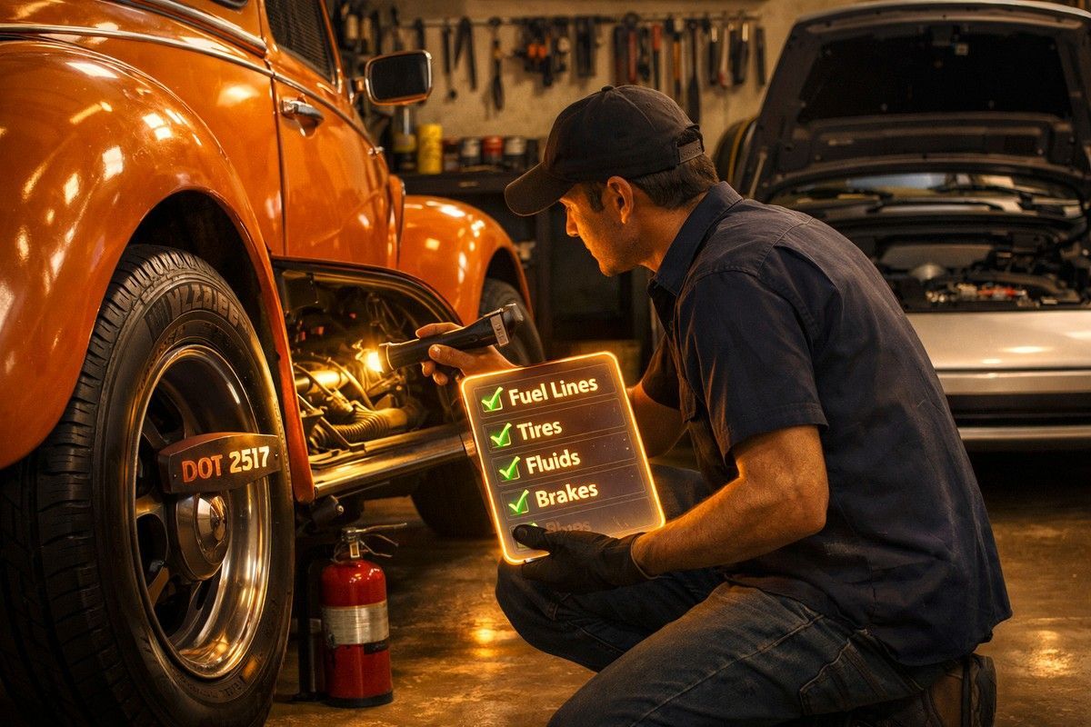 Classic VW and Porsche inspected in garage with checklist and fire extinguisher visible.
