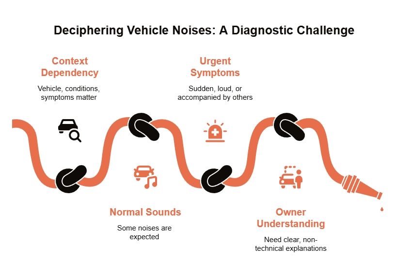Vehicle noise diagnostic infographic showing an orange hose with knots, highlighting context dependency, normal sounds, urgent symptoms, and owner understanding.