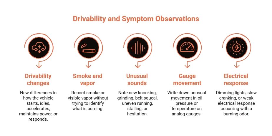 Drivability and symptom observation guide covering starting, idle, power, smoke, unusual sounds, gauge movement, and electrical response changes.