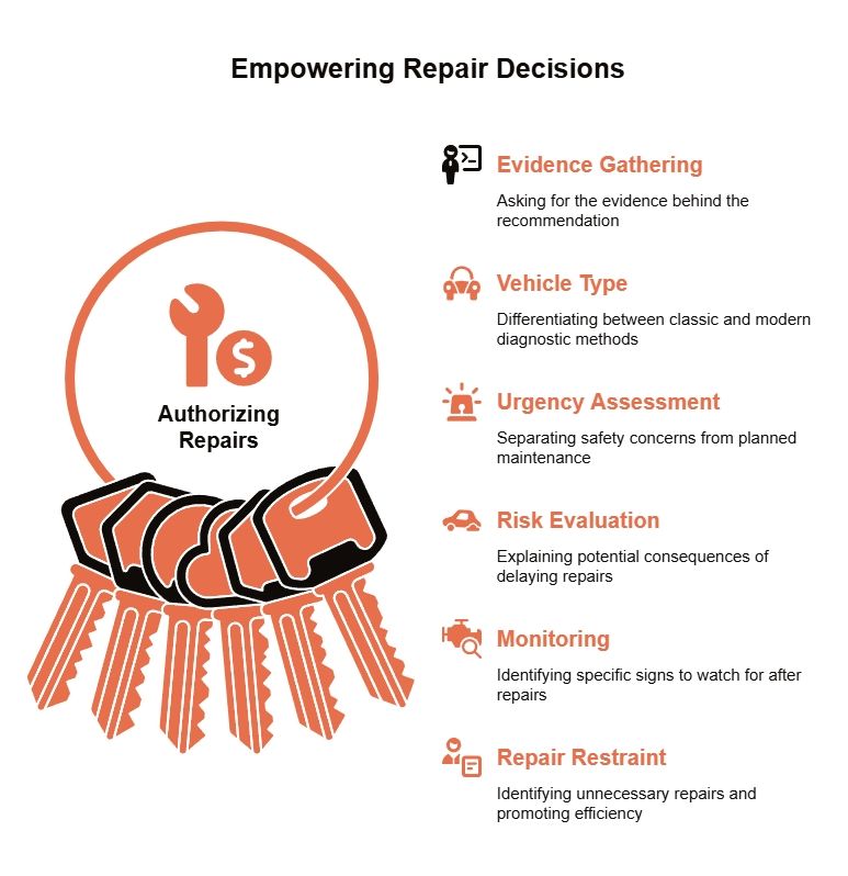 Empowering repair decisions graphic showing car keys and repair approval factors like evidence gathering, urgency, risk evaluation, monitoring, and restraint.